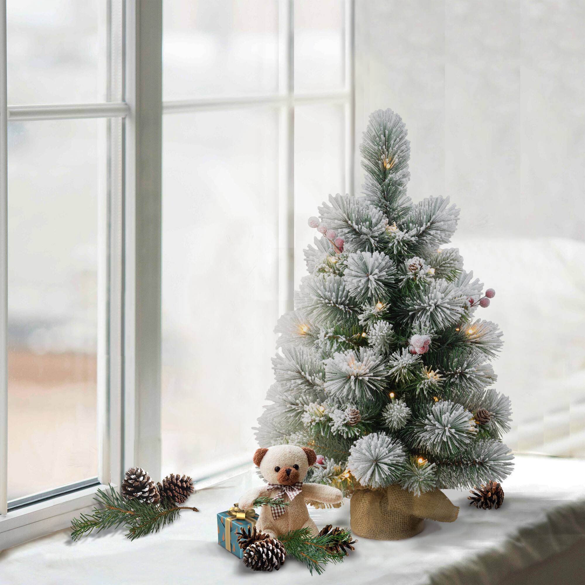 6 Pack: 2ft. Pre-Lit Frosted Pre-Decorated Artificial Christmas Tree in Burlap Base, Clear Lights